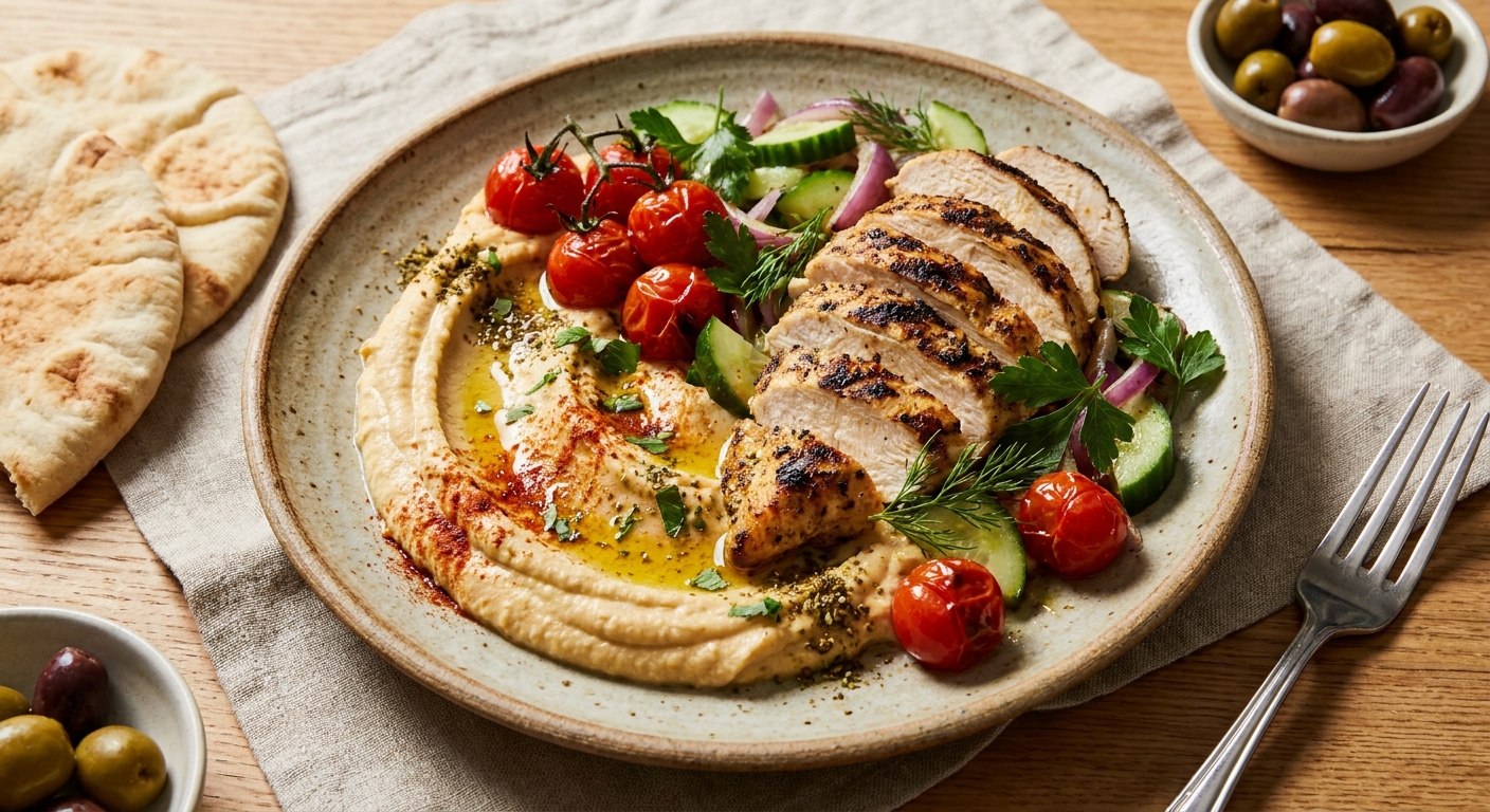 Mediterranean Spiced Chickpea Purée with Sliced Grilled Chicken