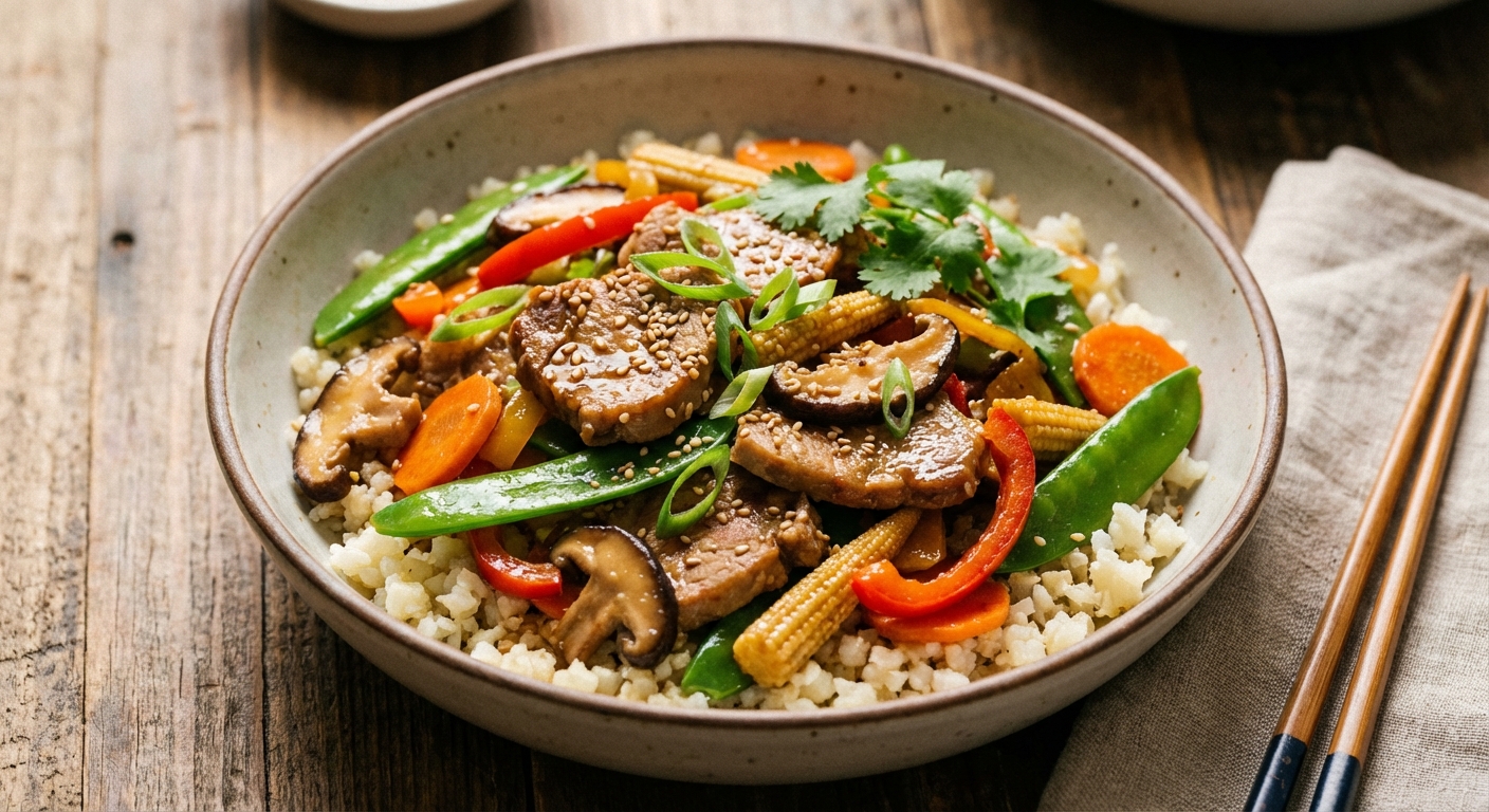 Ginger-Sesame Pork & Vegetable Stir-Fry with Cauliflower Rice