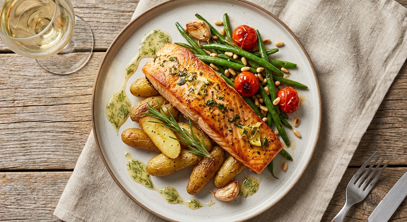 Baked Salmon with Garlic-Rosemary Potatoes & Sautéed Green Beans