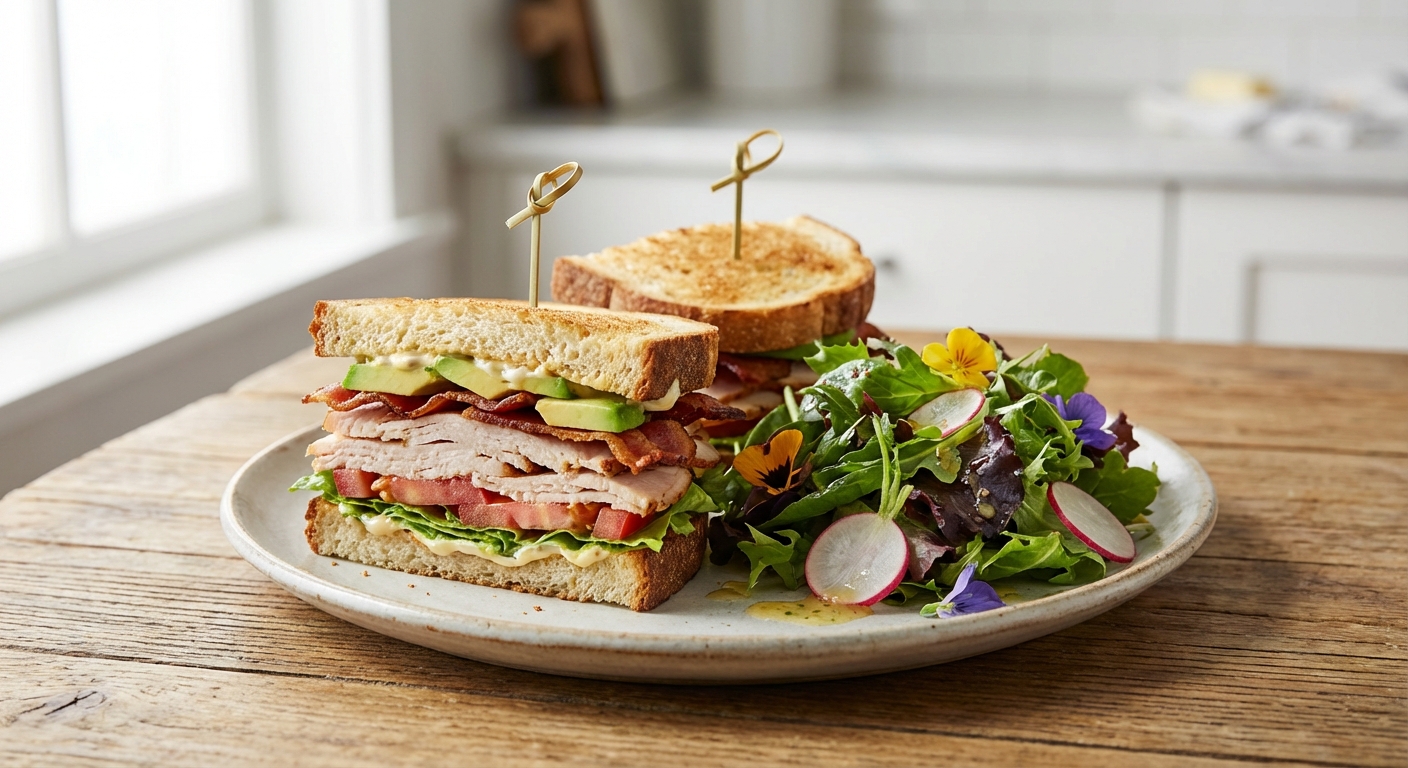 Turkey Avocado Club Sandwich with Mixed Greens