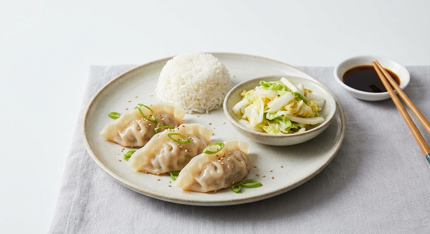 Steamed Ginger-Pork Dumplings with Quick-Pickled Napa Cabbage and Fragrant Jasmine Rice