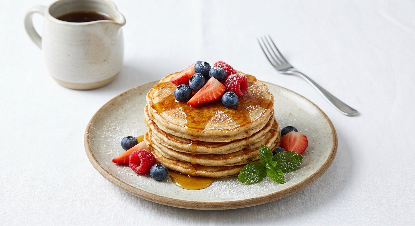 Banana-Oat Pancakes with Maple Syrup & Berries