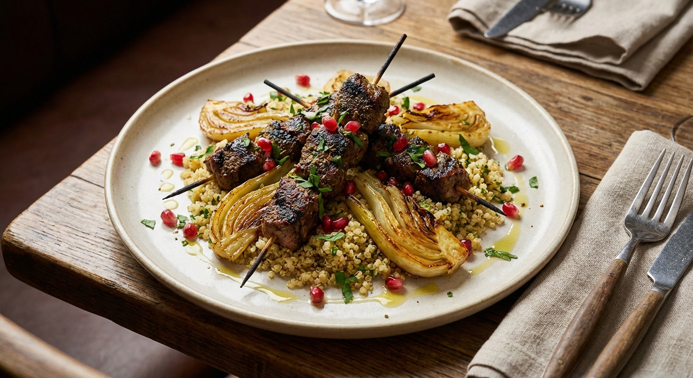Za’atar Grilled Lamb Skewers with Lemon-Parsley Quinoa and Pan-Fried Fennel