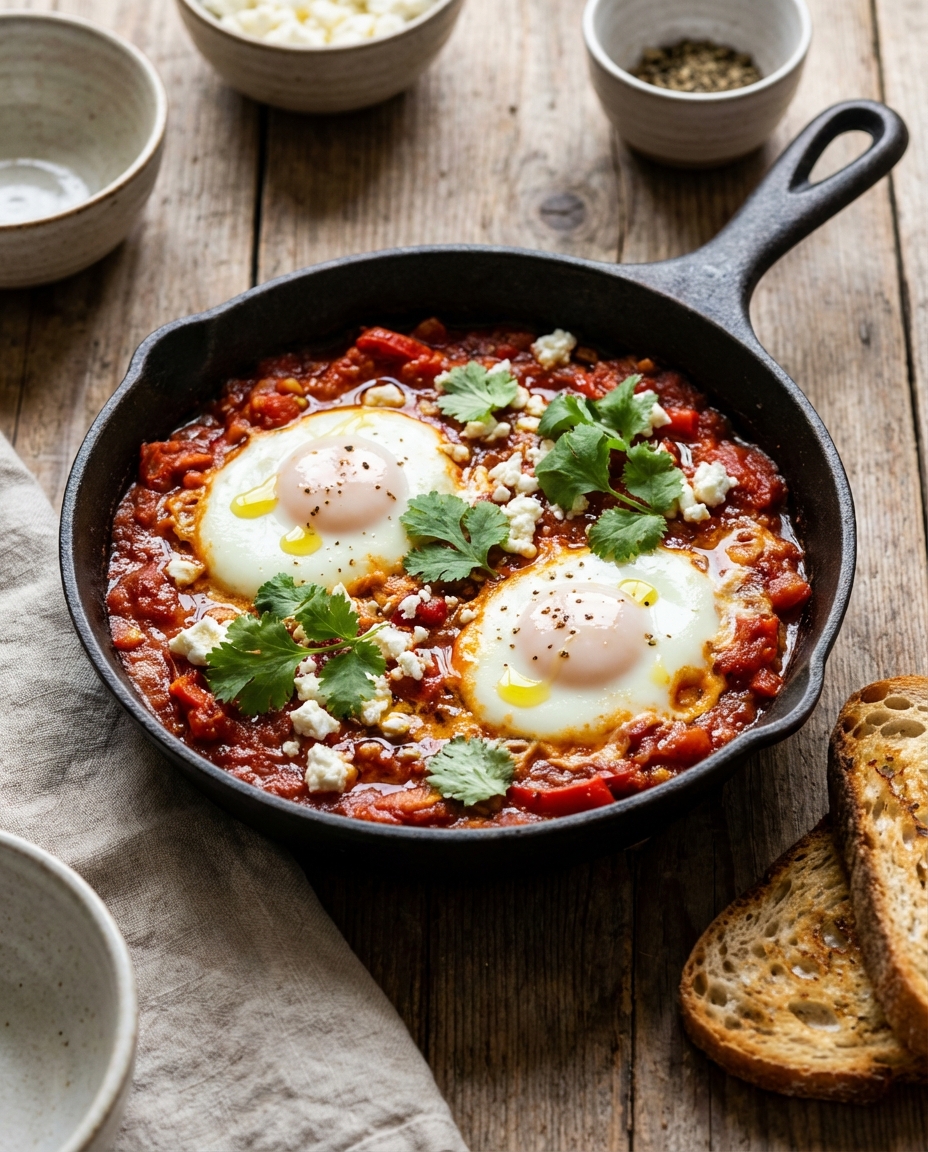 Easy Shakshuka - Poached Eggs in Spiced Tomato & Pepper Sauce