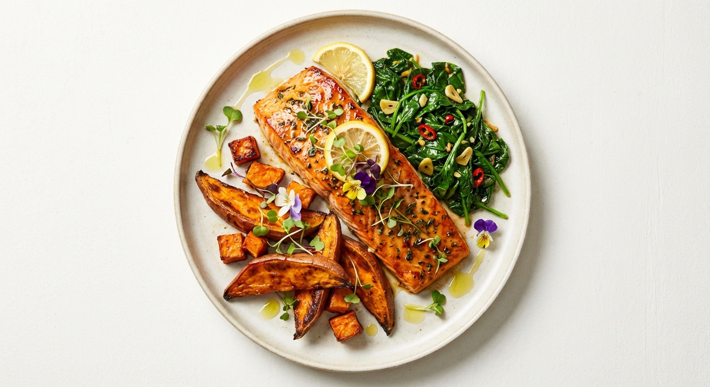Baked Salmon with Roasted Sweet Potato and Sautéed Spinach