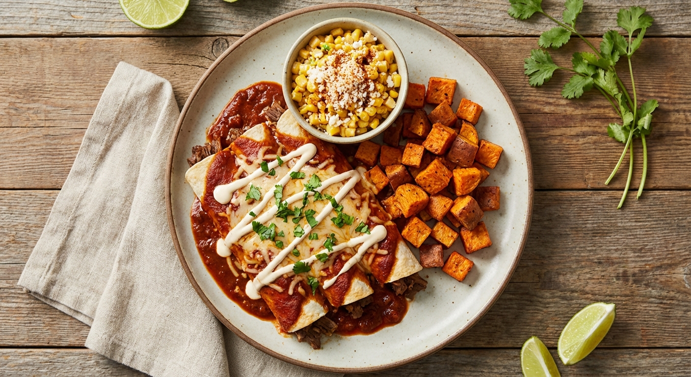 Beef Enchiladas with Roasted Sweet Potatoes & Mexican-style Corn