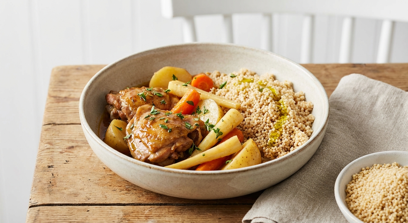 Chicken Thigh Stew with Root Vegetables & Whole-Wheat Couscous