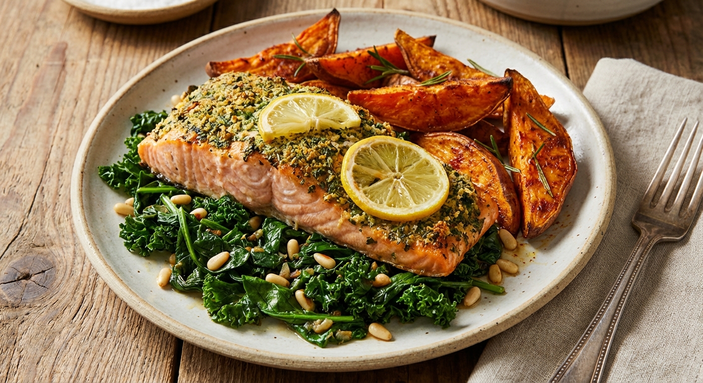 Baked Salmon with Roasted Sweet Potato & Sautéed Greens