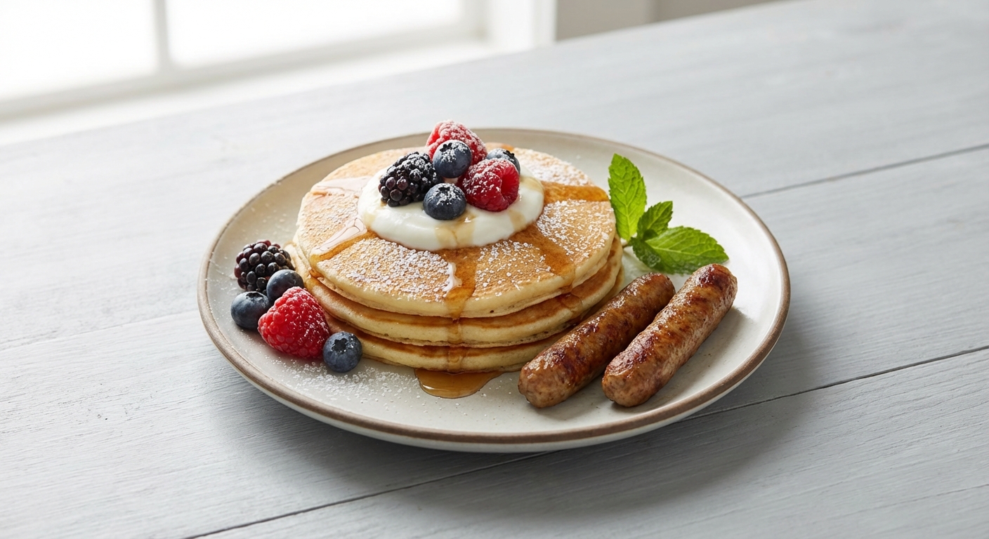 Buttermilk Pancakes with Berries, Greek Yogurt & Turkey Sausage