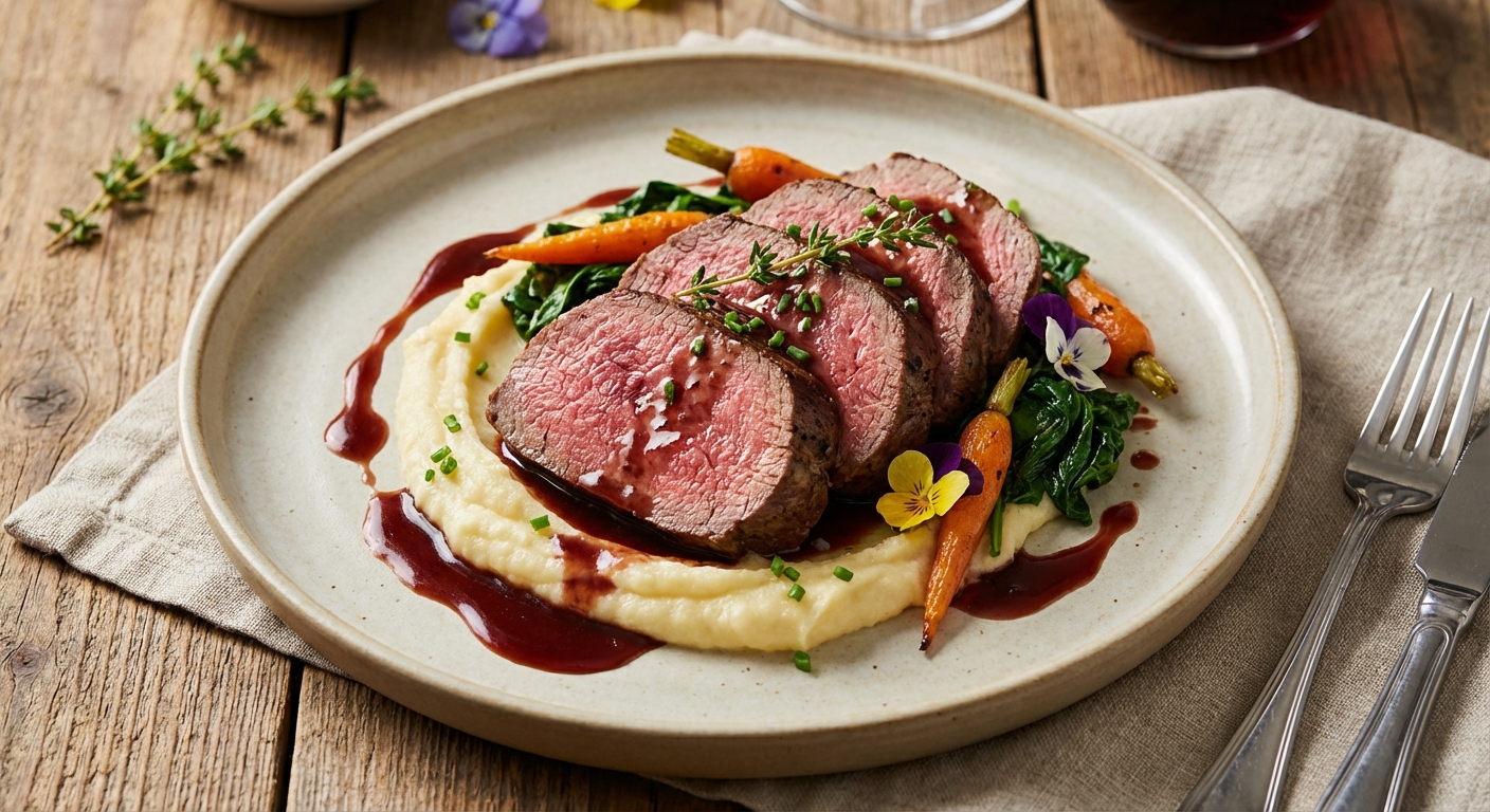 Beef Tenderloin with Red Wine Sauce, Mashed Parsnip & Sautéed Spinach