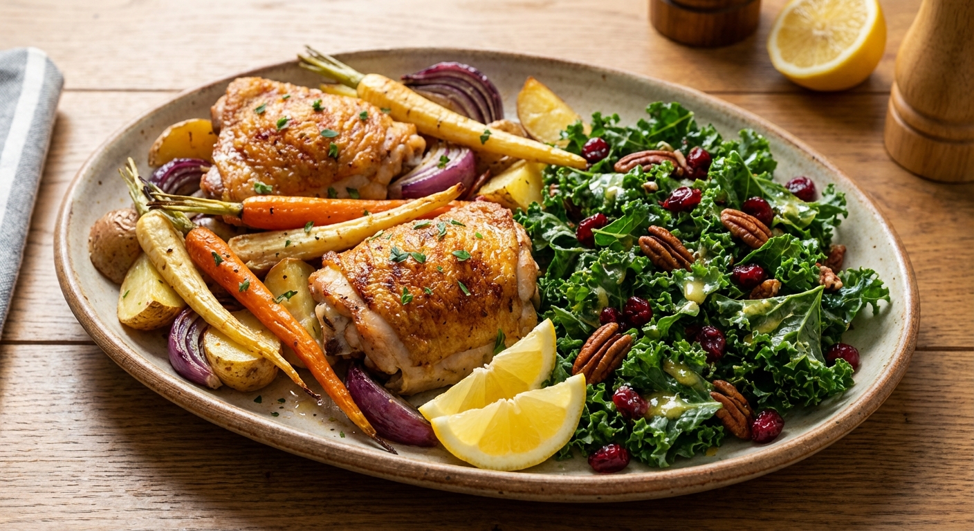 Roast Chicken Thighs with Root Vegetables & Kale Salad
