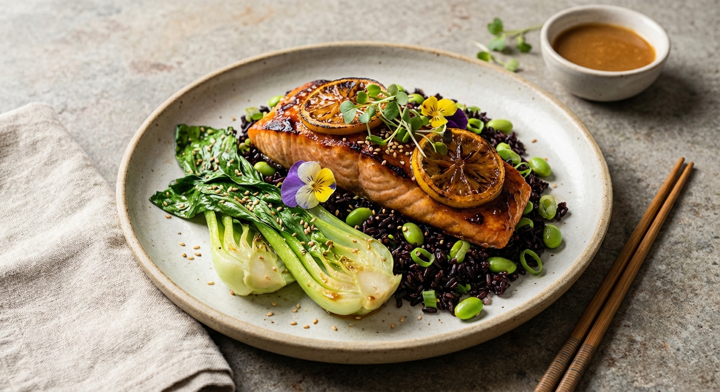 Miso-Citrus Pan-Seared Salmon with Sesame Bok Choy and Black (Forbidden) Rice