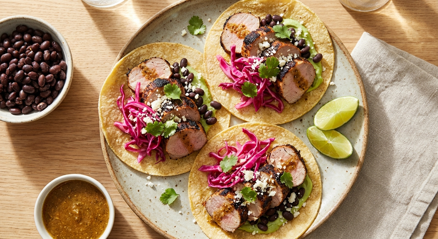 Mojo-Seared Pork Tenderloin Tacos with Quick-Pickled Red Cabbage & Black Beans