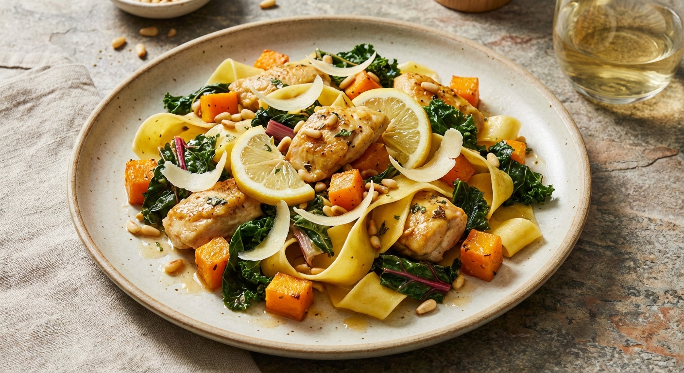 Stir-Fried Lemon-Garlic Chicken with Roasted Butternut Pappardelle and Tender Winter Greens
