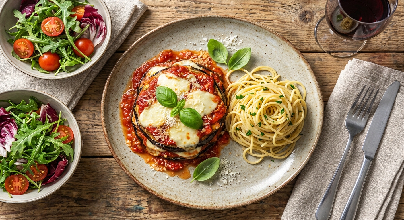 Eggplant Parmigiana with Spaghetti Aglio e Olio & Mixed Salad