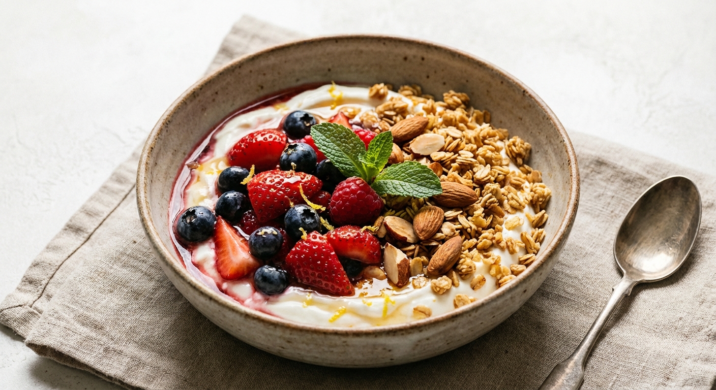 Greek Yogurt & Berry Parfait with Granola and Toasted Almonds