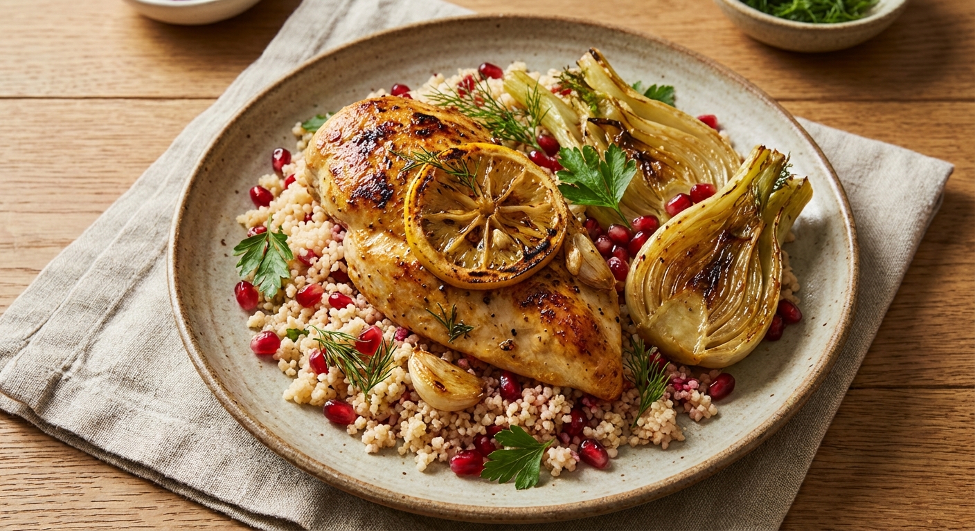 Charred Lemon-Garlic Chicken with Roasted Fennel and Pomegranate Couscous