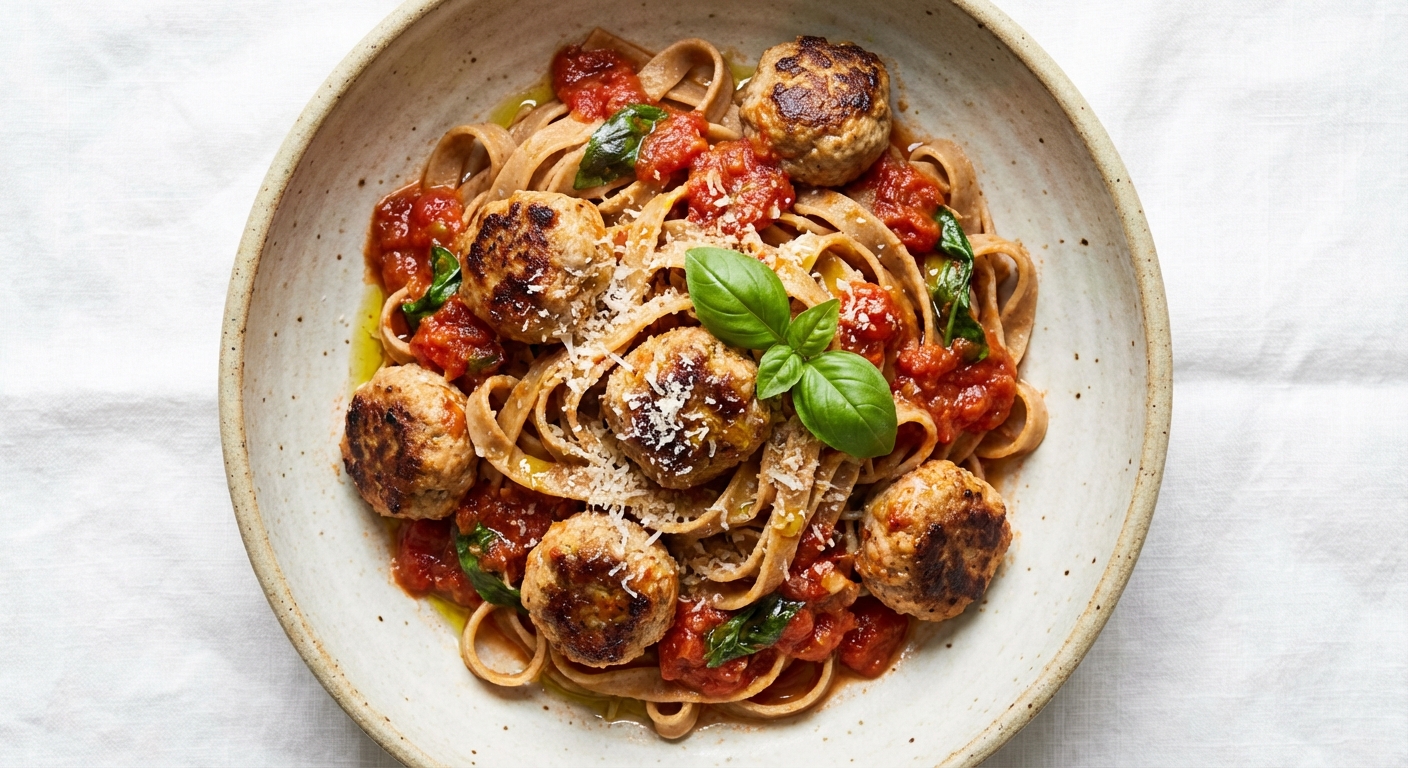 Whole-Grain Pasta with Tomato-Basil Sauce & Lean Turkey Meatballs