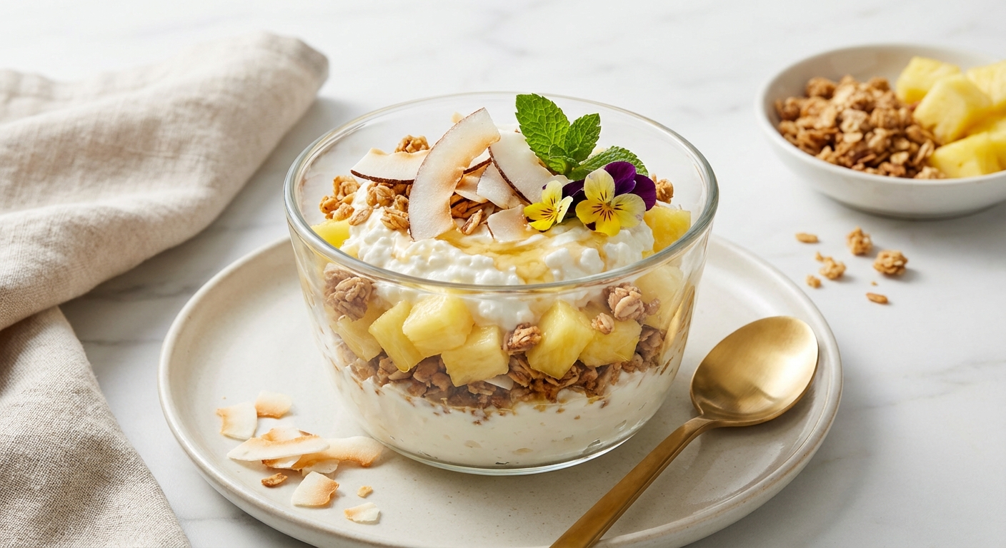 Cottage Cheese Parfait with Pineapple, Granola & Toasted Coconut