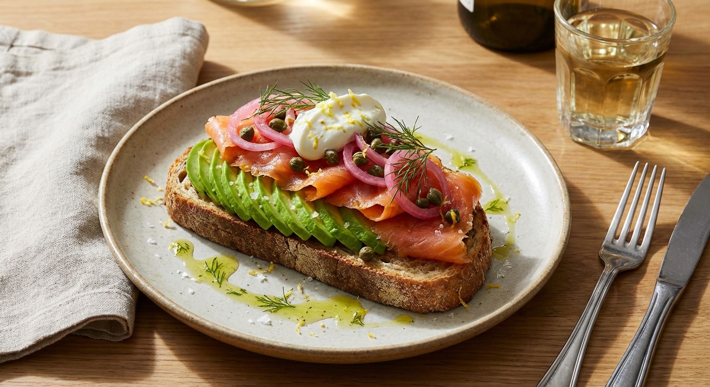 Smoked Salmon on Whole-Grain Toast with Avocado (Nordic-style)
