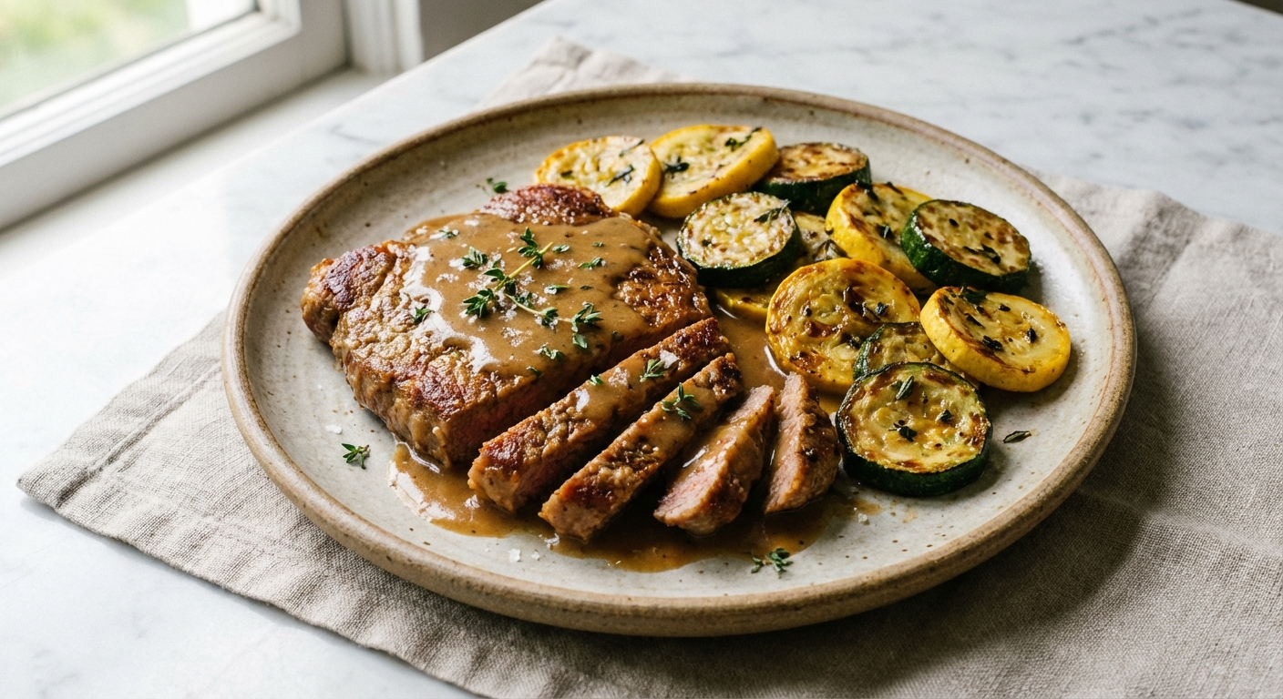 Pan-Fried Cube Steak with Garlic-Thyme Fried Summer Squash and Pan Gravy