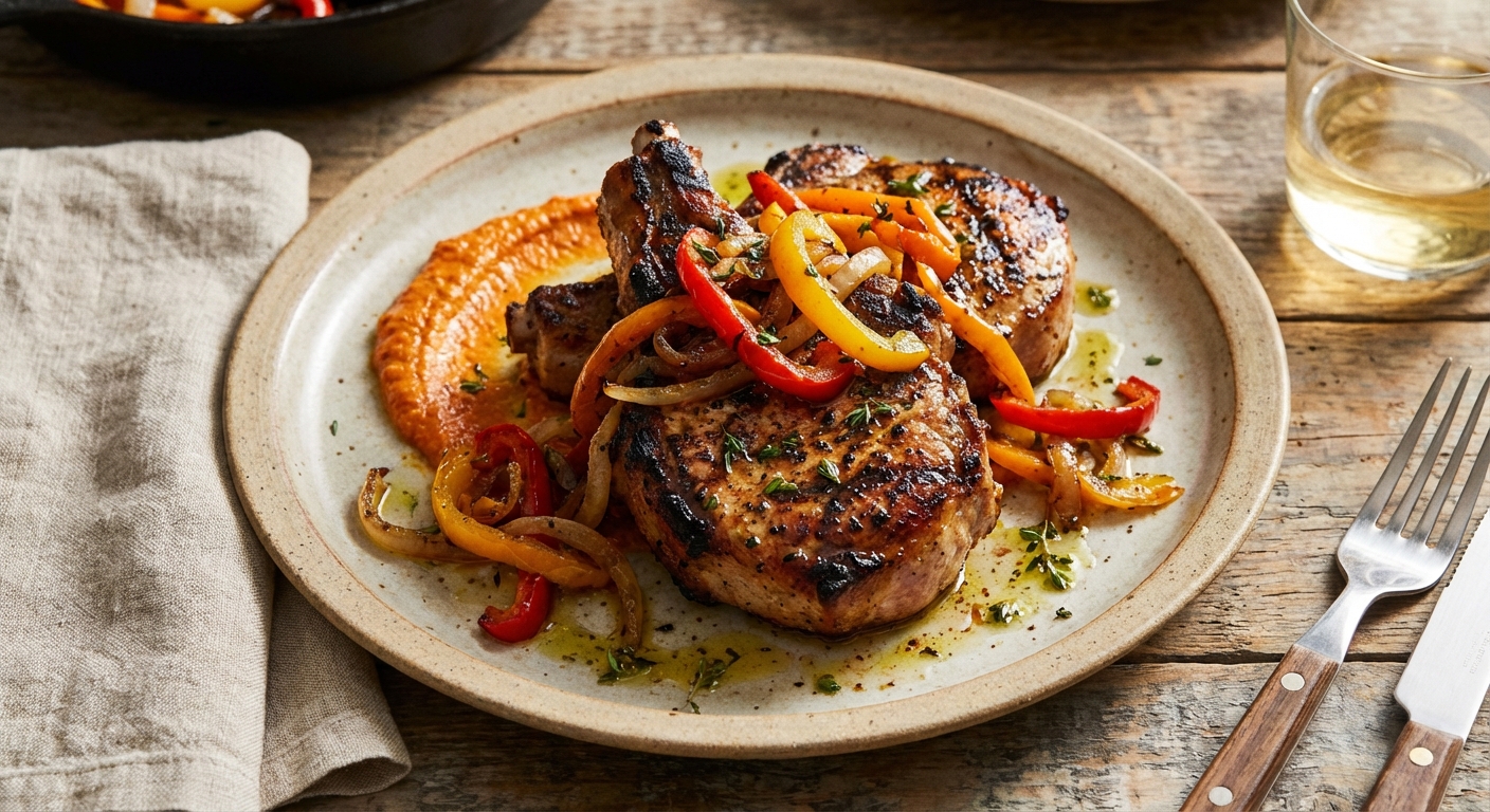 Grilled Pork Chops with Sautéed Peppers and Onions