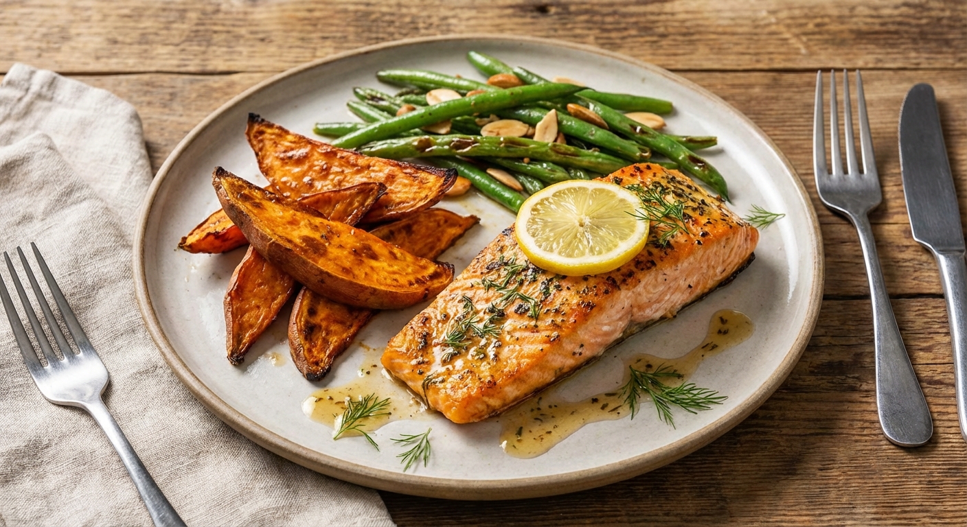 Baked Salmon with Roasted Sweet Potato & Sautéed Green Beans