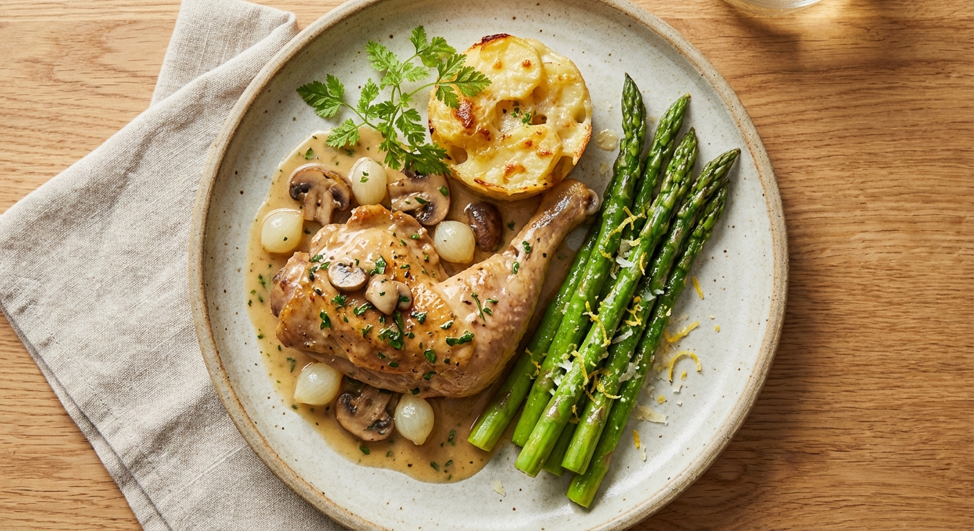 Poulet au Vin Blanc with Buttered Asparagus - Delicious Homemade Recipe