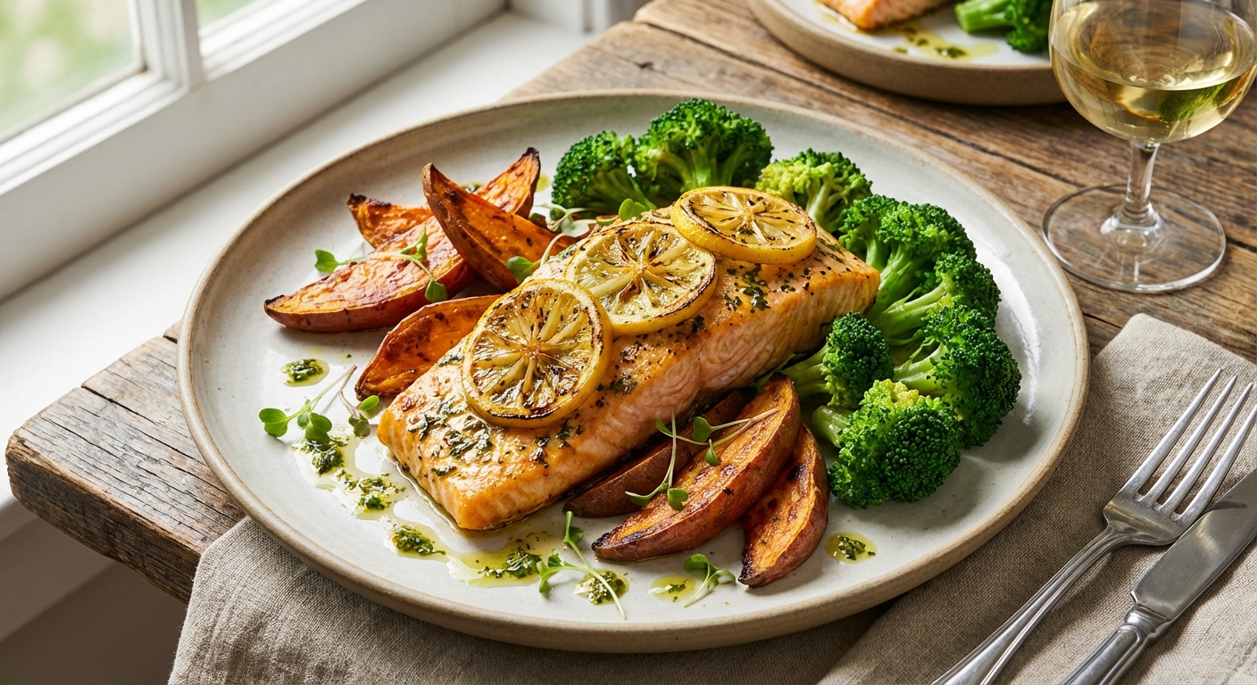 Baked Lemon-Herb Salmon with Roasted Sweet Potato & Steamed Broccoli