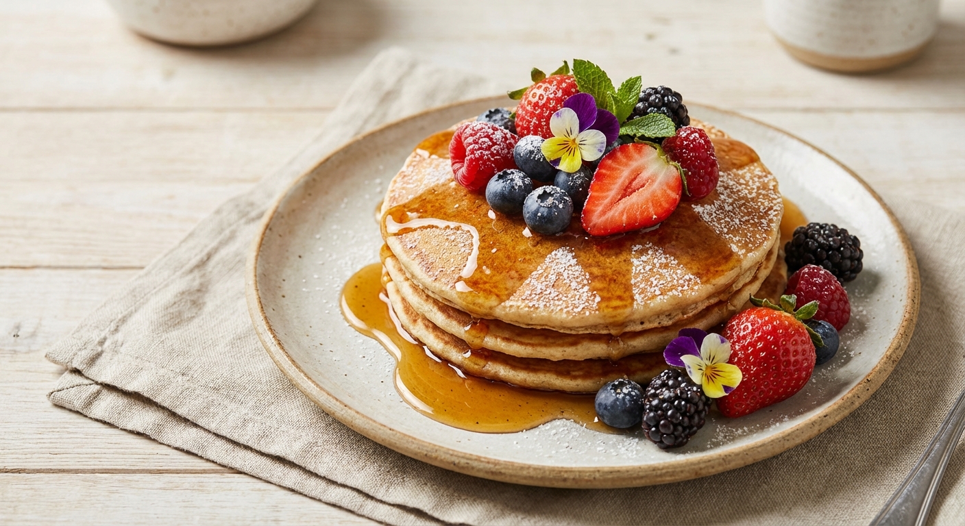 Oat Pancakes with Maple Syrup & Mixed Berries