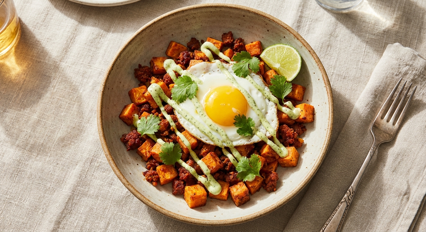 Crisped Leftover Sweet Potato & Chorizo Hash with Lime-Cilantro Crema and Fried Egg