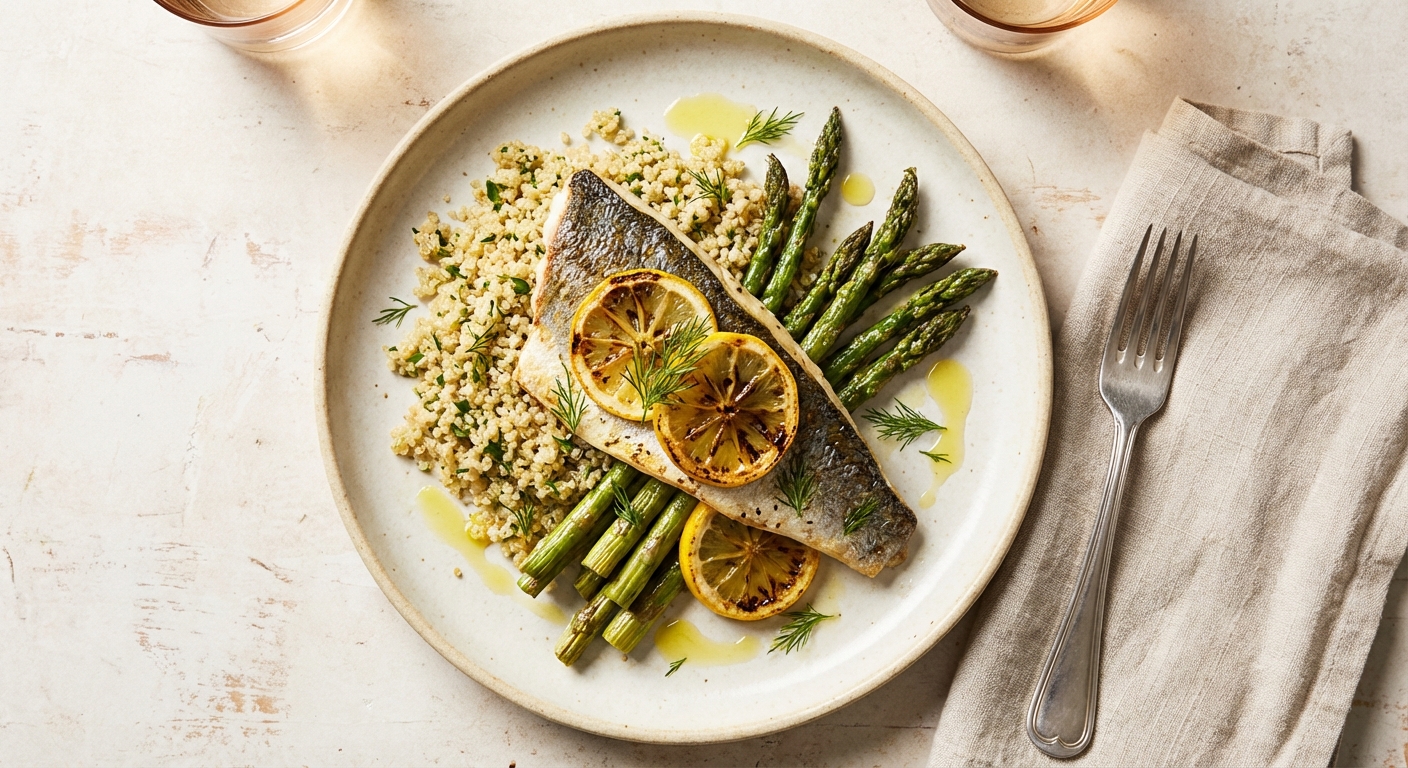 Grilled Sea Bass with Lemon-Herb Quinoa & Asparagus