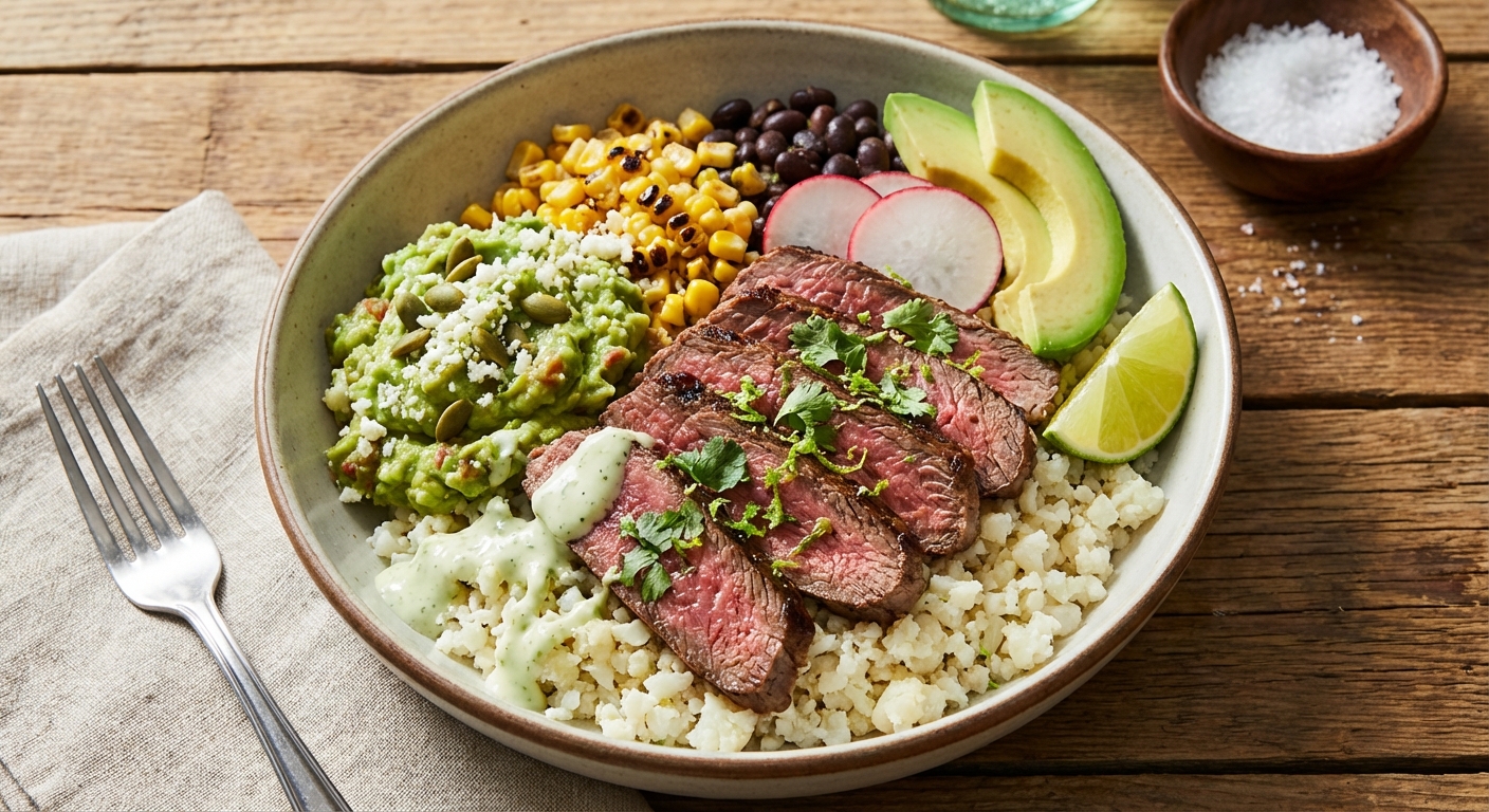 Cilantro-Lime Beef Bowl with Cauliflower 'Rice' and Guacamole