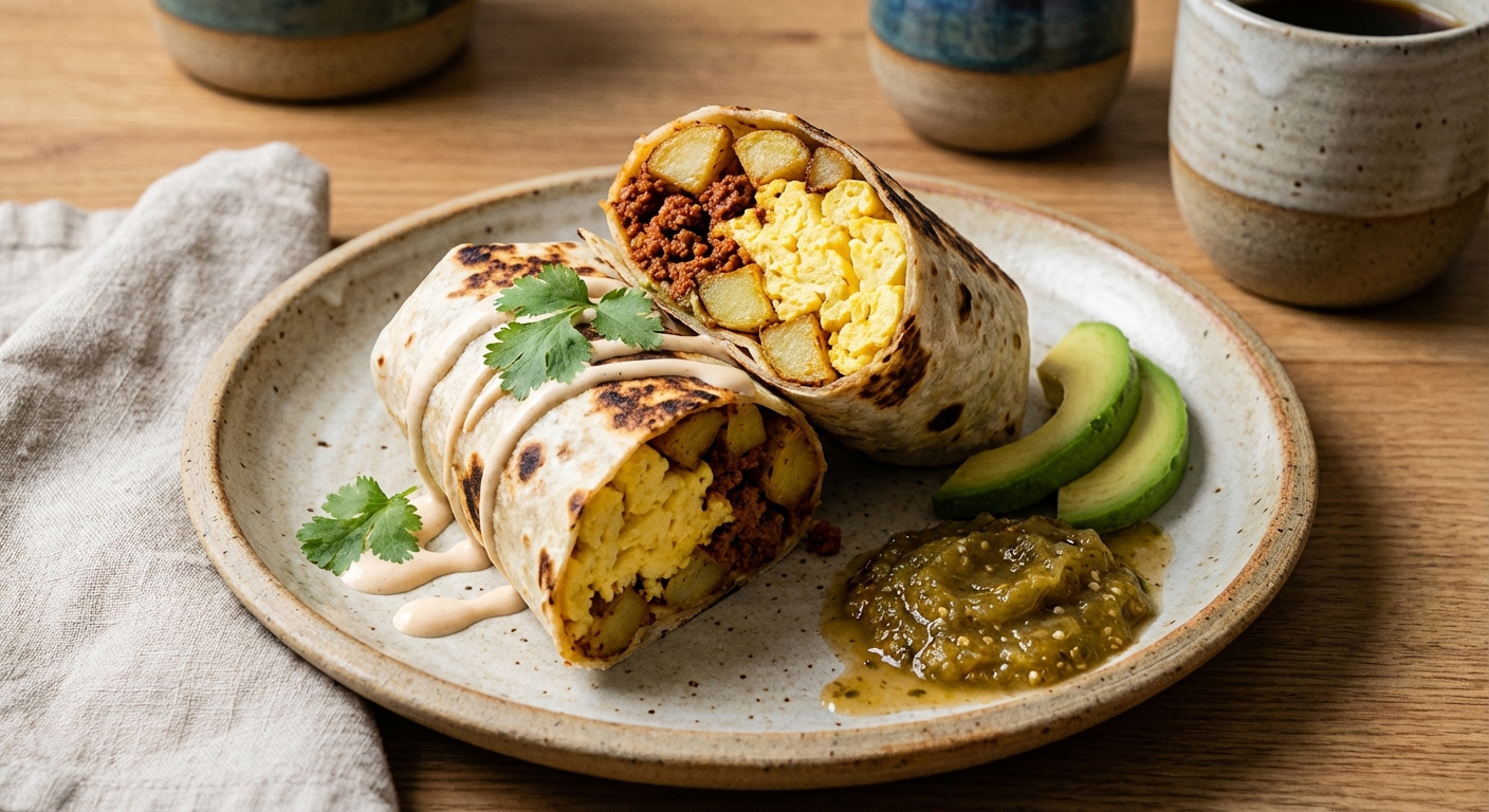 Breakfast Burrito with Eggs, Chorizo & Potatoes