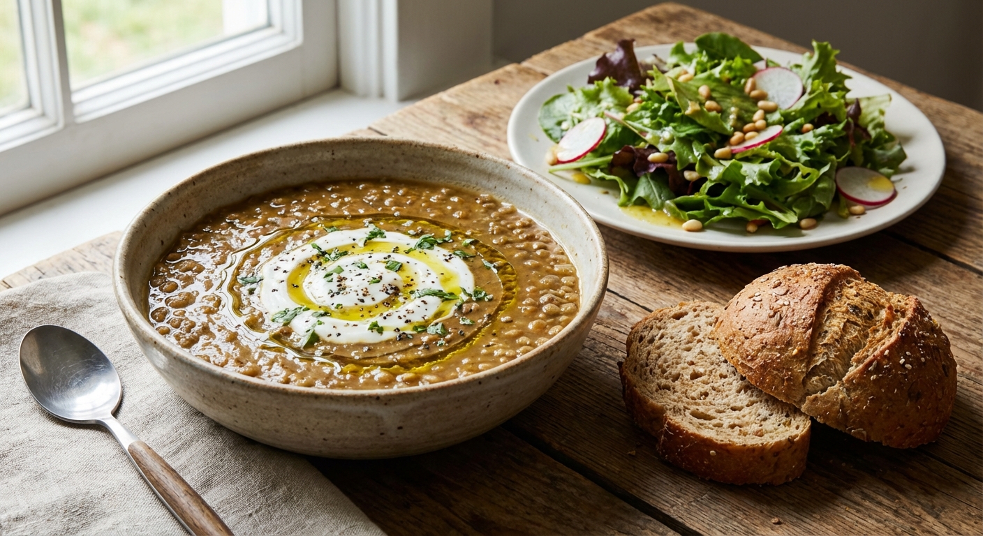 Hearty Lentil Soup with Toasted Whole-Grain Roll & Lemony Mixed Greens