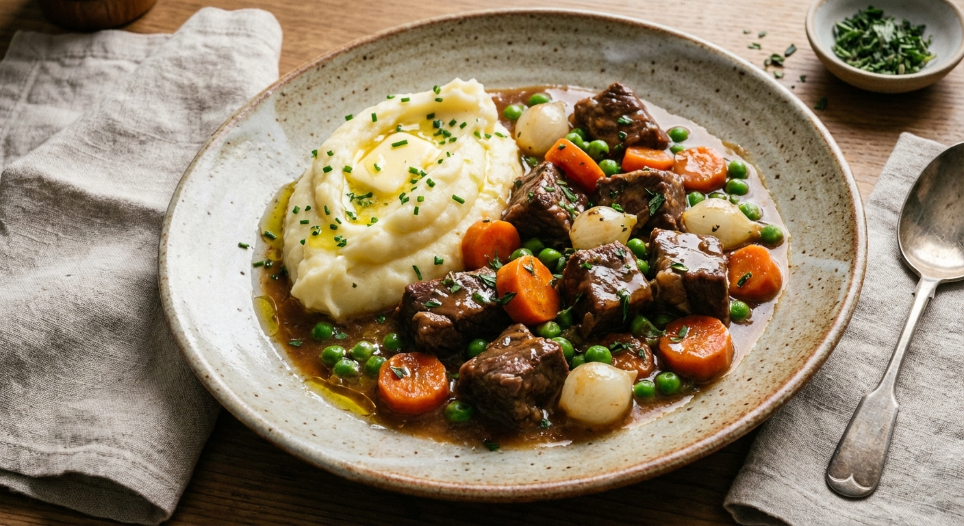 Quick Beef & Vegetable Stew with Mashed Potatoes
