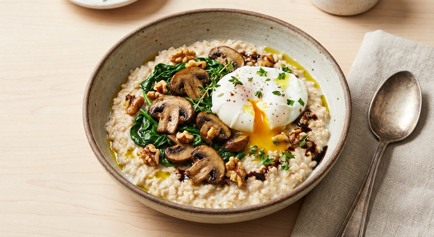 Savory Steel‑Cut Oat Bowl with Sautéed Cremini Mushrooms, Spinach & Toasted Walnuts