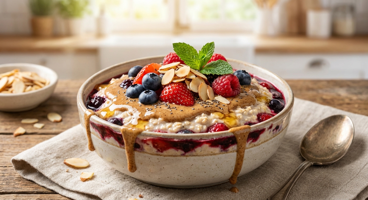 American-Style Overnight Oats with Berries & Almond Butter