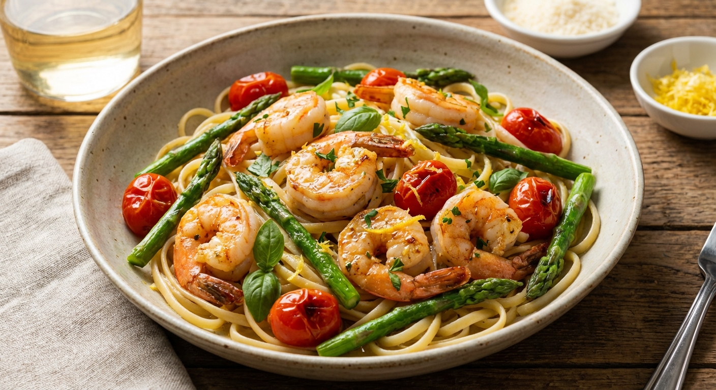Lemon-Garlic Shrimp Linguine with Blanched Asparagus, Cherry Tomatoes & Fresh Herbs