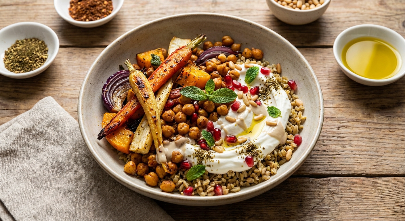 Roasted Vegetable & Chickpea Freekeh Bowl with Labneh