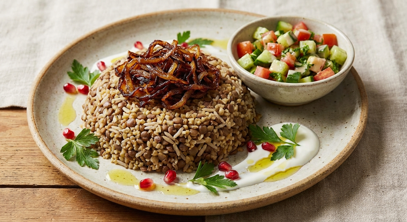 Mujaddara with Caramelized Onions and Cucumber-Tomato Salad