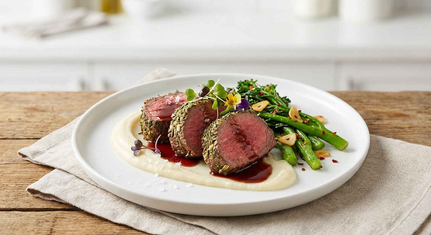 Roasted Herb-Crusted Beef Medallions with Parsnip Purée and Garlicky Rapini