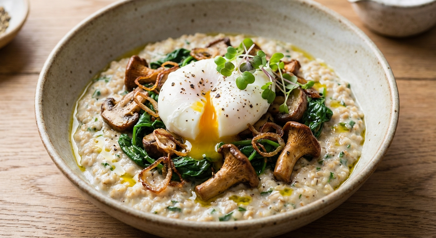 Savory Oatmeal with Poached Egg, Spinach & Mushrooms