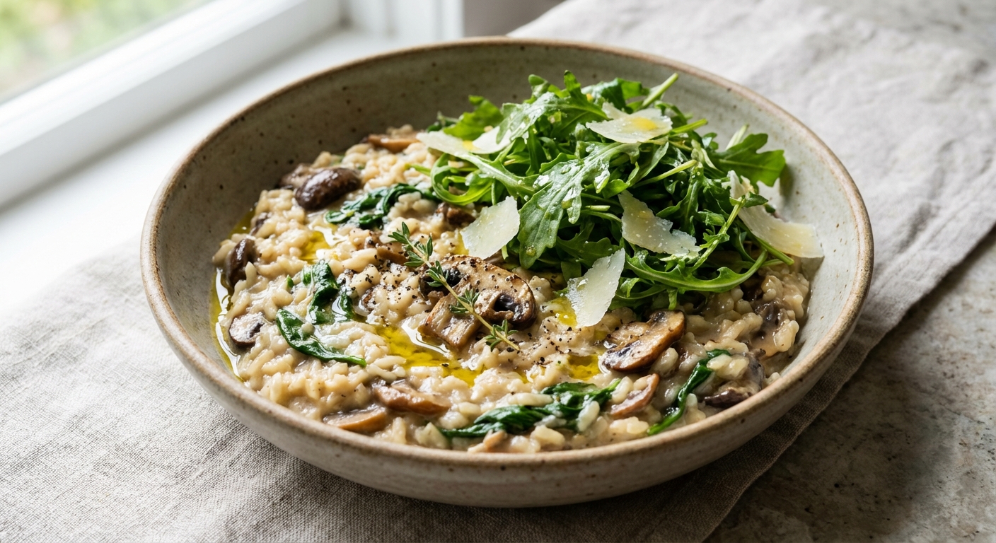 Mushroom & Spinach Risotto with Parmesan + Arugula Salad