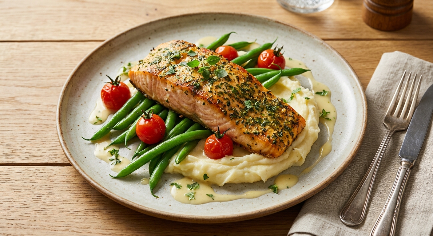 Baked Herb-Crusted Salmon with Garlic Mashed Potatoes and Steamed Green Beans