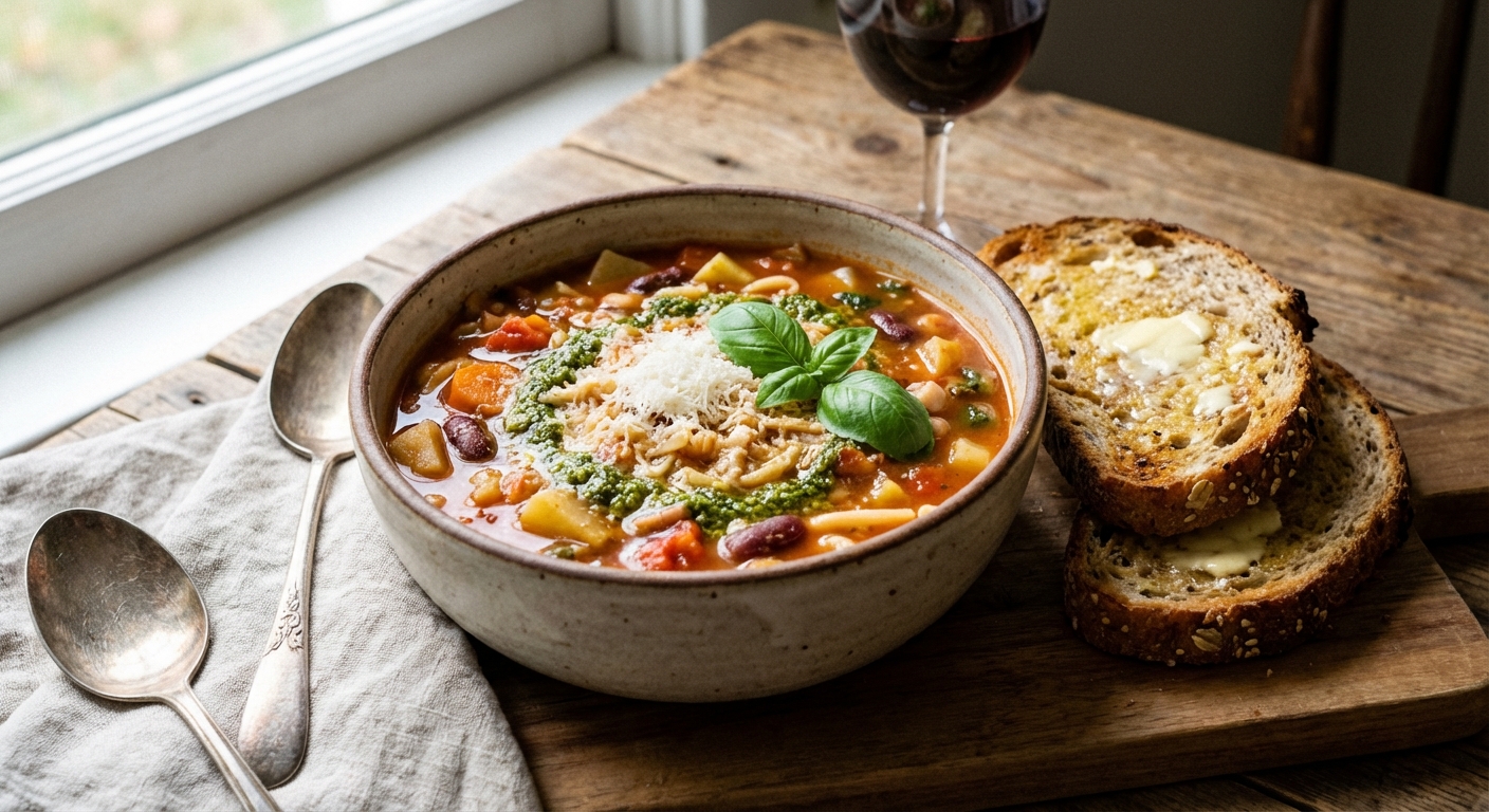 Hearty Minestrone Soup with Crusty Whole-Grain Bread