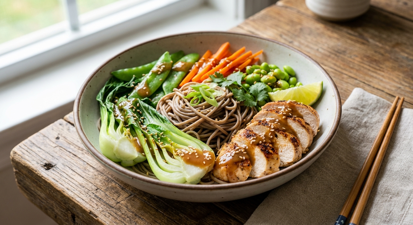 Asian Chicken Soba Noodle Bowl with Veggies and Sesame Sauce