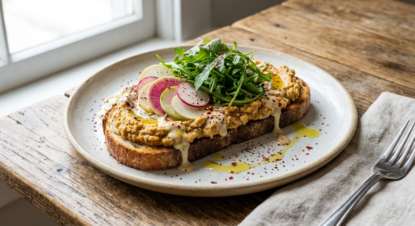 Smoky Chickpea Smash Toast with Lemon, Radish & Peppery Arugula