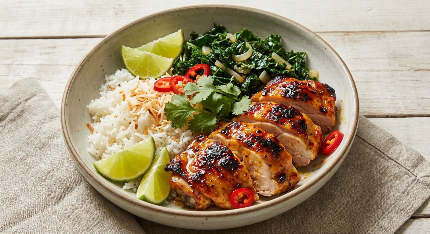 Charred Citrus‑Chile Chicken Bowl with Coconut‑Lime Jasmine Rice & Braised Kale