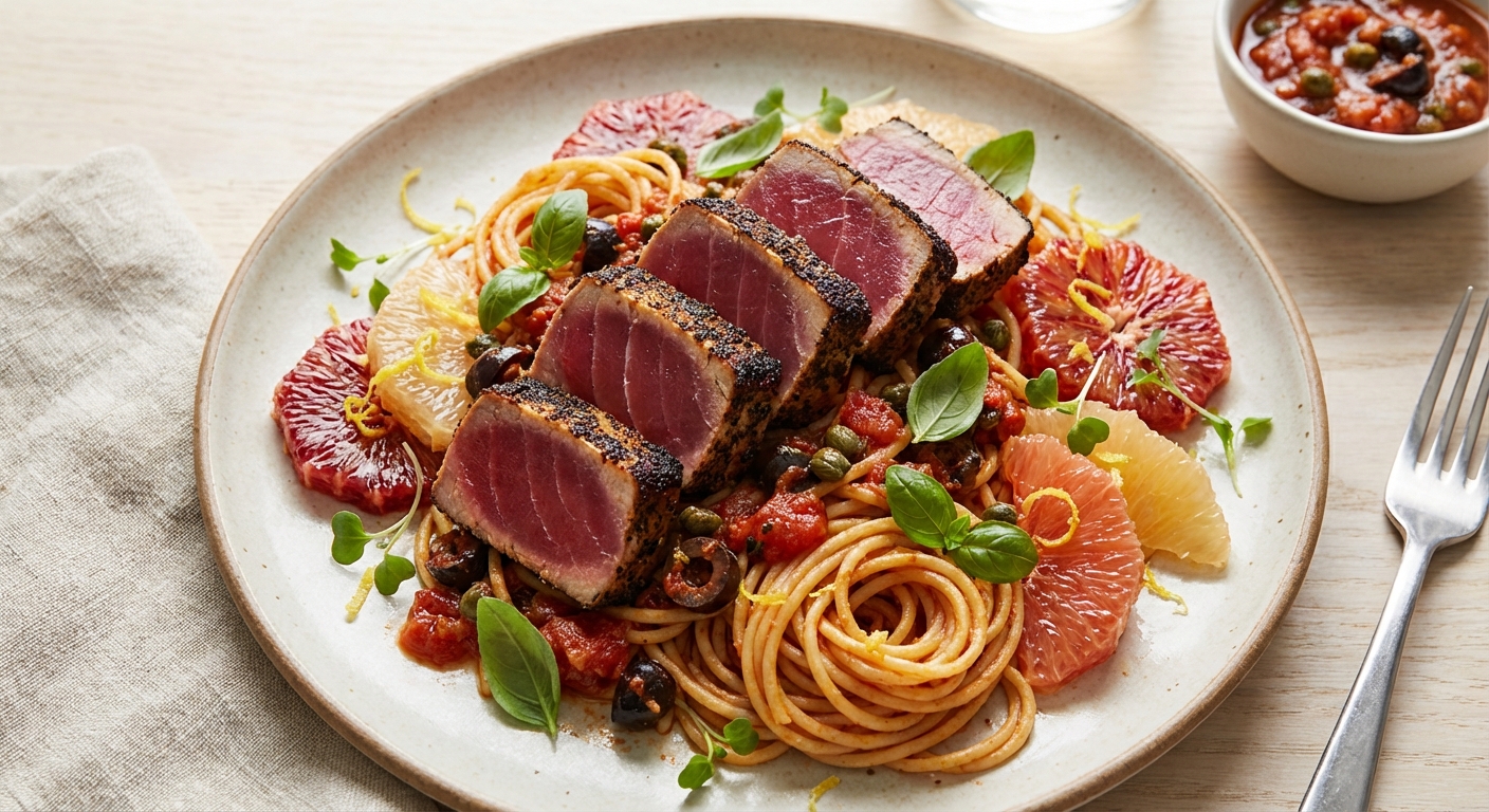 Seared Ahi Tuna Puttanesca over Gluten-Free Spaghetti with Winter Citrus